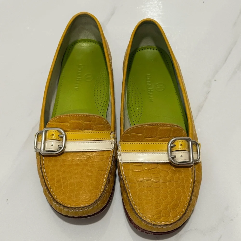 Cole Haan Yellow Croc-Embossed Loafers with Cream Strap‎ & Silver Buckle 6B